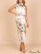 Floral Halter Neck Charming Elastic Waist Maxi Dress