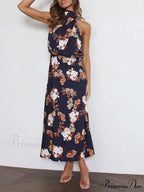 Floral Halter Neck Charming Elastic Waist Maxi Dress