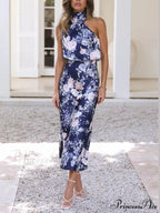 Floral Halter Neck Charming Elastic Waist Maxi Dress
