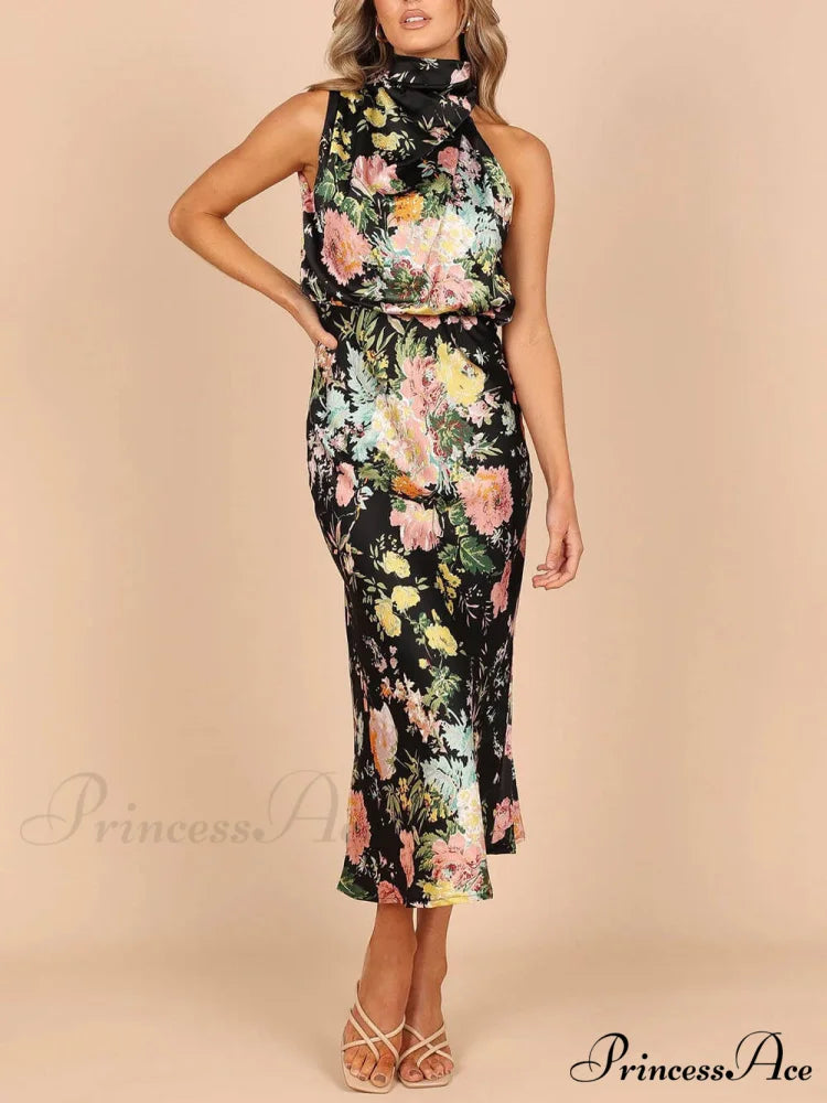 Floral Halter Neck Charming Elastic Waist Maxi Dress