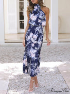 Floral Halter Neck Charming Elastic Waist Maxi Dress