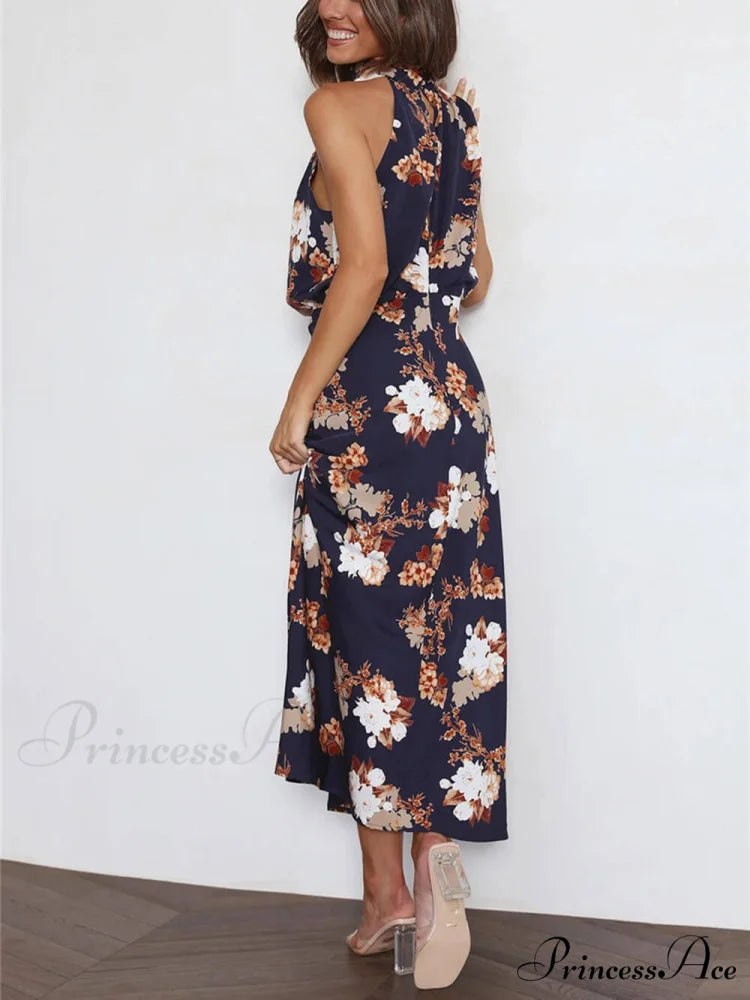 Floral Halter Neck Charming Elastic Waist Maxi Dress