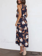 Floral Halter Neck Charming Elastic Waist Maxi Dress