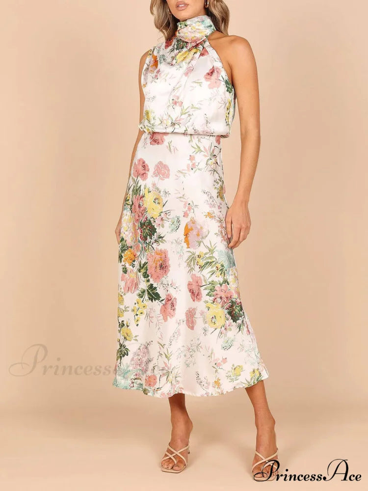 Floral Halter Neck Charming Elastic Waist Maxi Dress