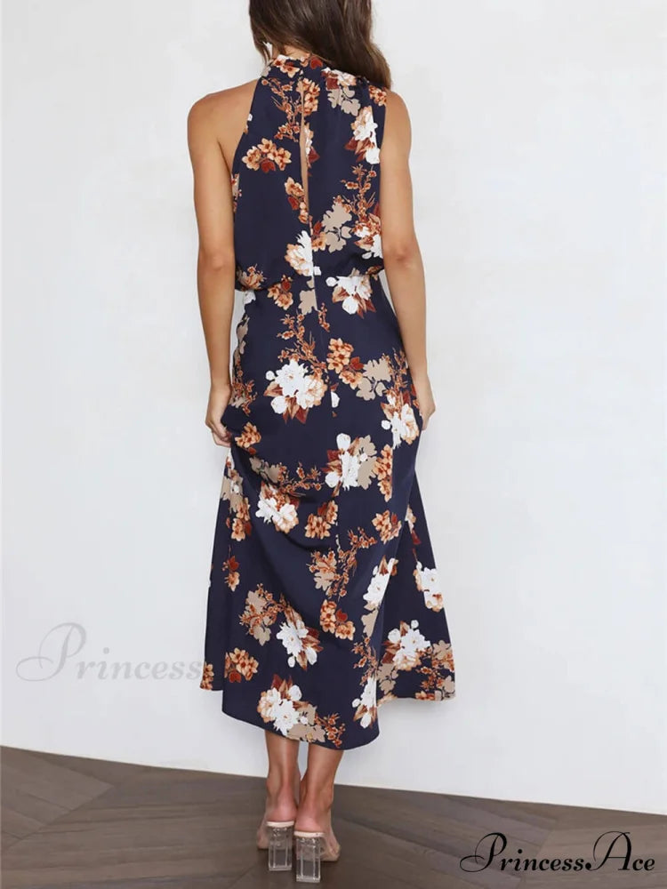 Floral Halter Neck Charming Elastic Waist Maxi Dress