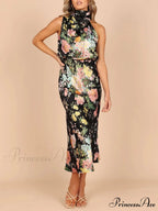Floral Halter Neck Charming Elastic Waist Maxi Dress