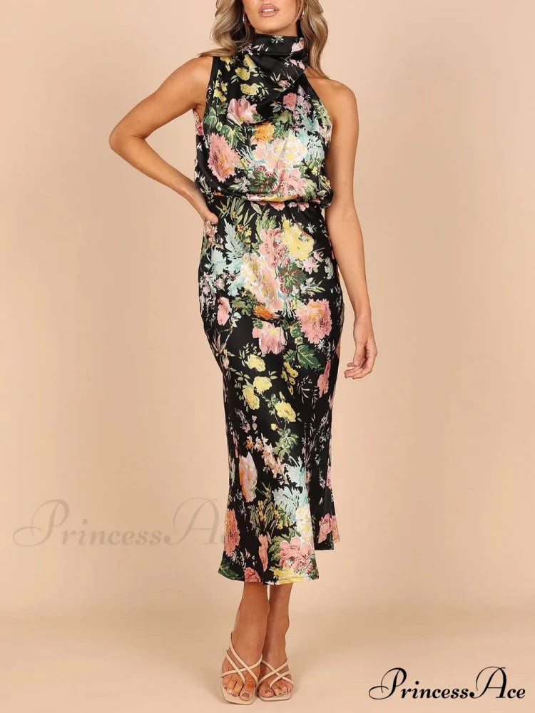 Floral Halter Neck Charming Elastic Waist Maxi Dress