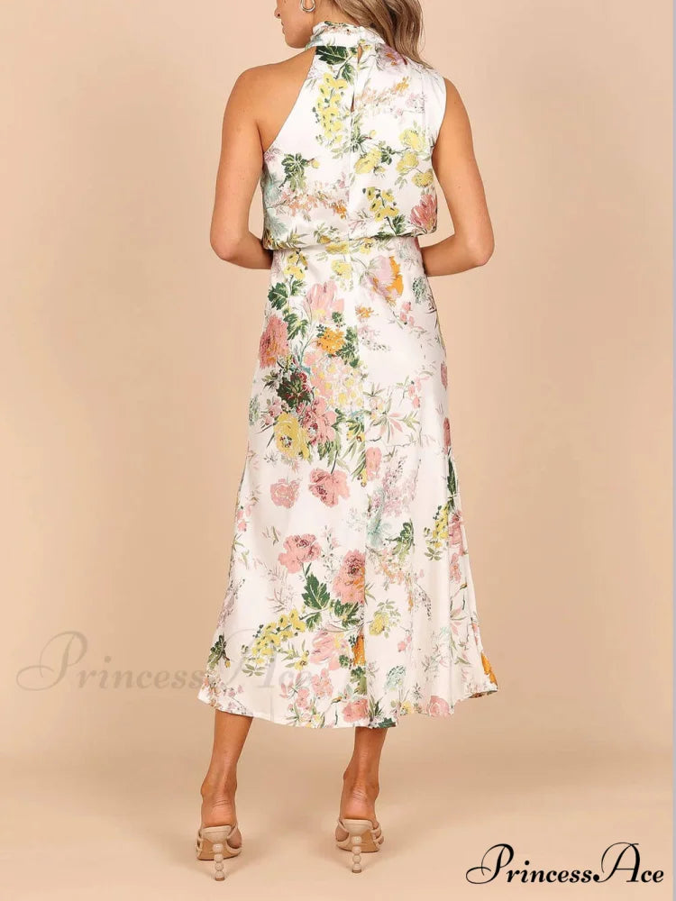 Floral Halter Neck Charming Elastic Waist Maxi Dress