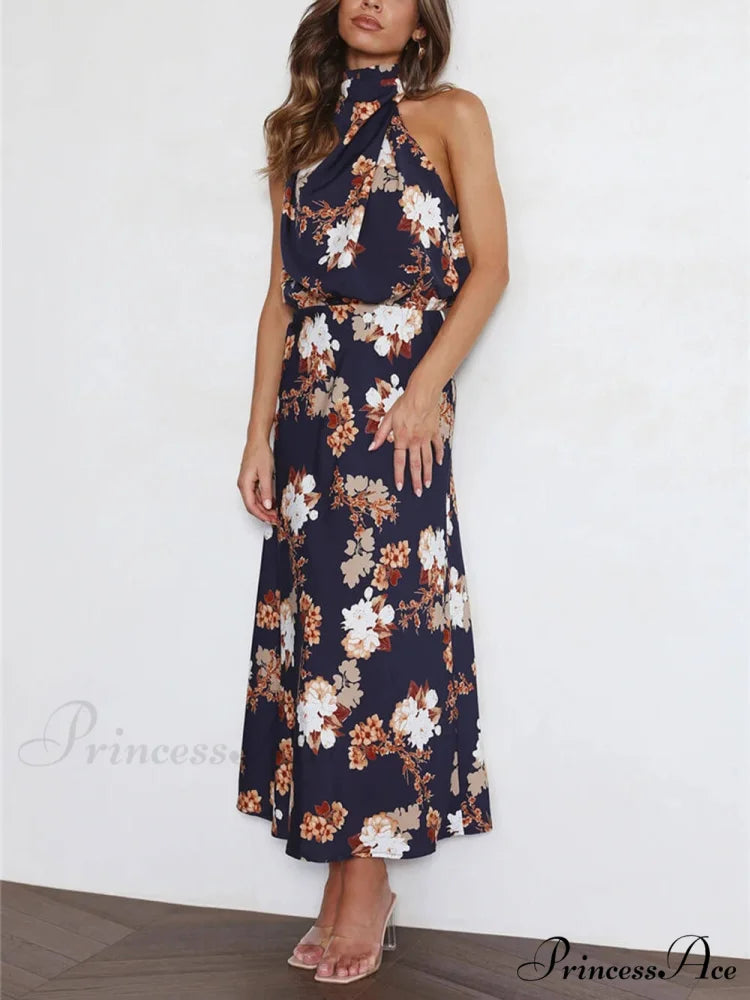 Floral Halter Neck Charming Elastic Waist Maxi Dress