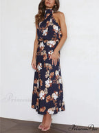Floral Halter Neck Charming Elastic Waist Maxi Dress