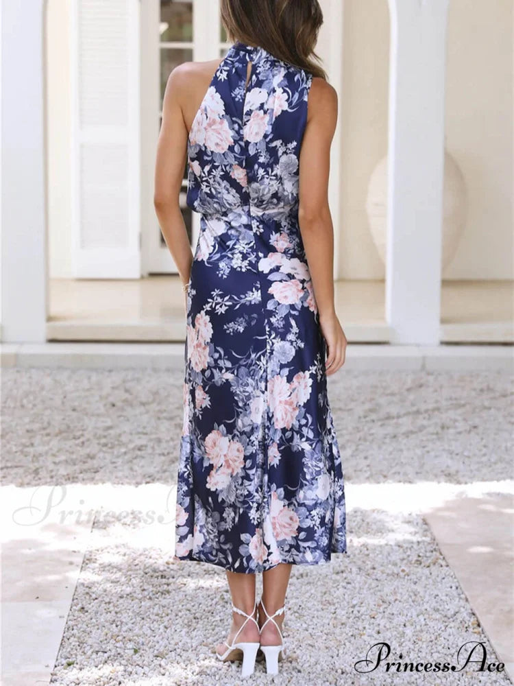 Floral Halter Neck Charming Elastic Waist Maxi Dress
