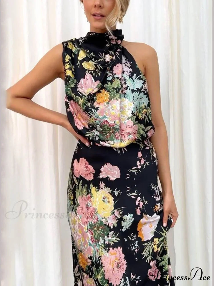 Floral Halter Neck Charming Elastic Waist Maxi Dress