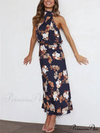 Floral Halter Neck Charming Elastic Waist Maxi Dress