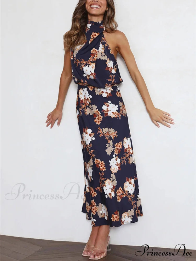 Floral Halter Neck Charming Elastic Waist Maxi Dress