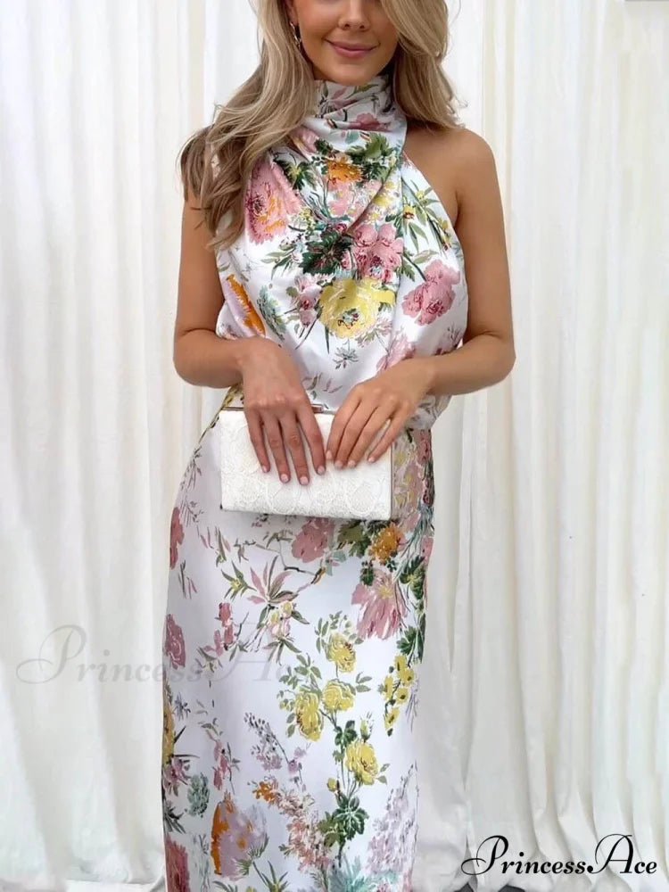 Floral Halter Neck Charming Elastic Waist Maxi Dress