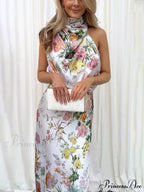 Floral Halter Neck Charming Elastic Waist Maxi Dress