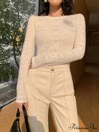 Floral Hollow Knit Crew Modern Neck Long Sleeve Top
