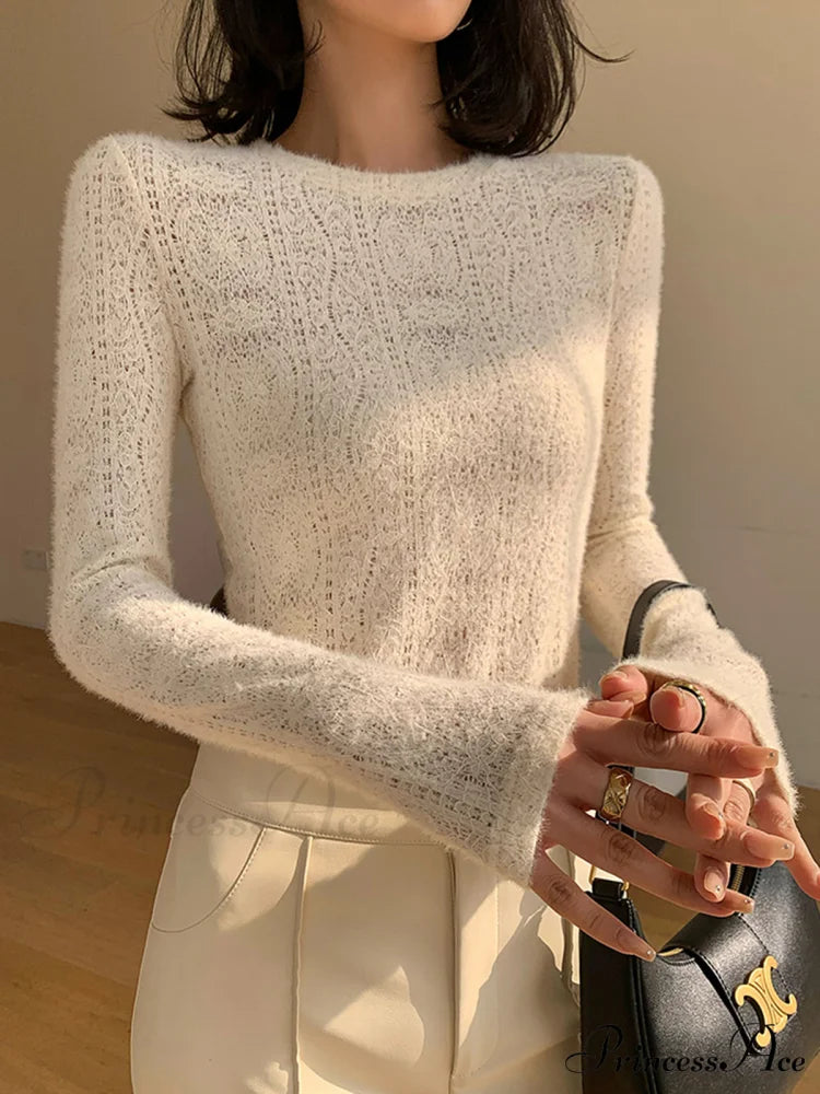 Floral Hollow Knit Crew Modern Neck Long Sleeve Top