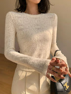 Floral Hollow Knit Crew Modern Neck Long Sleeve Top