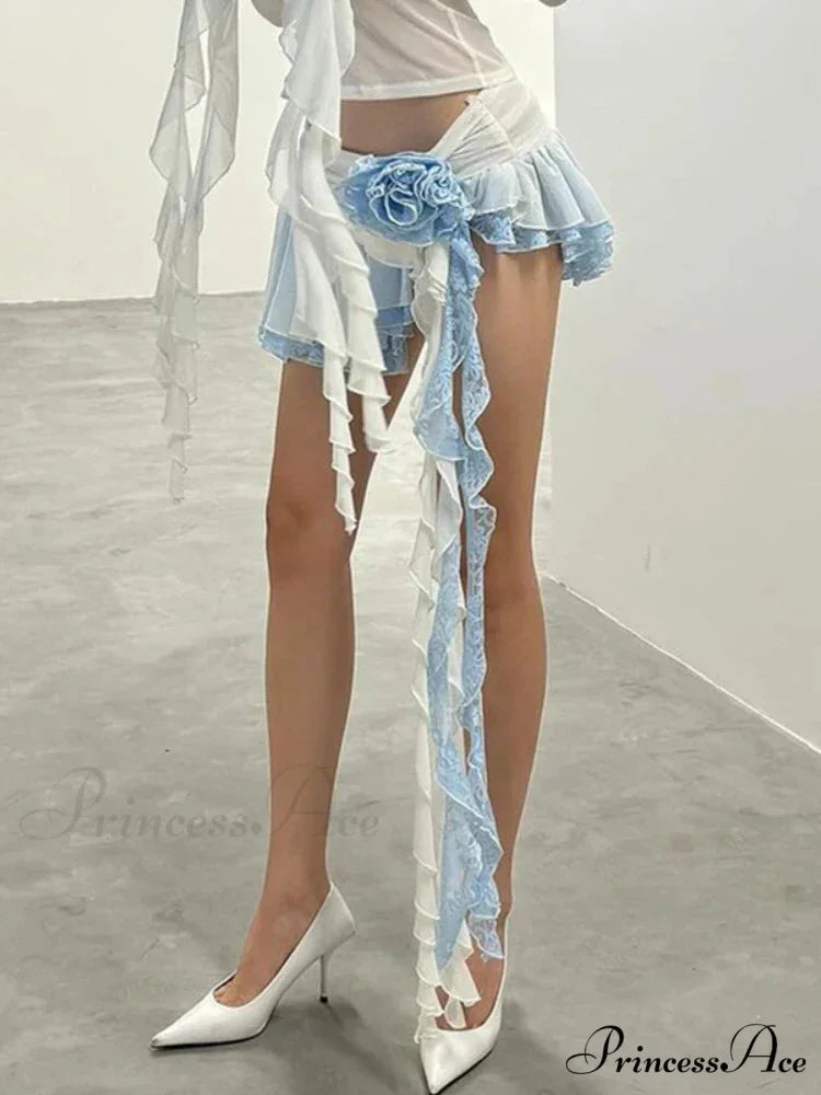 Floral Lace Mini Skirt Uneven Frill Urban Skirt