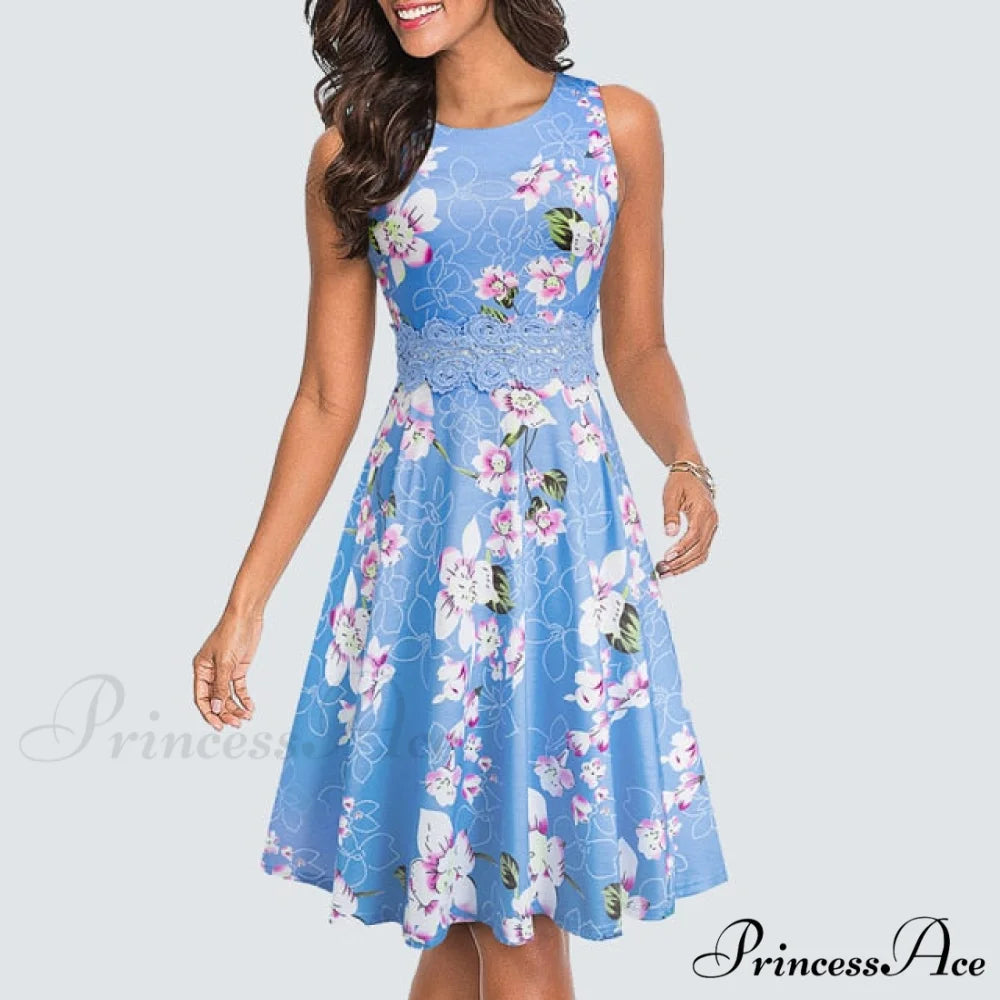 Floral Lace Patchwork Sleeveless Tunic Party Swing Dress