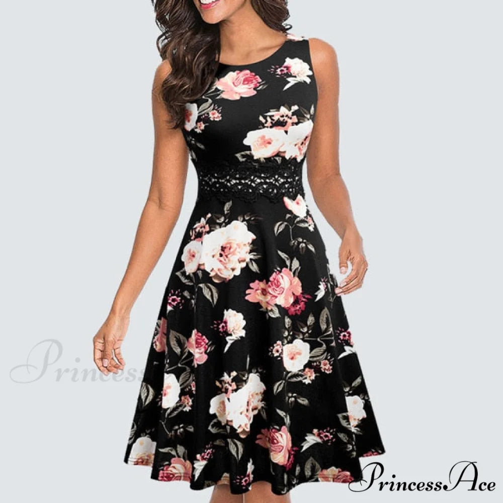 Floral Lace Patchwork Sleeveless Tunic Party Swing Dress