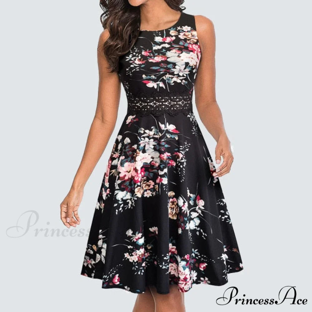 Floral Lace Patchwork Sleeveless Tunic Party Swing Dress