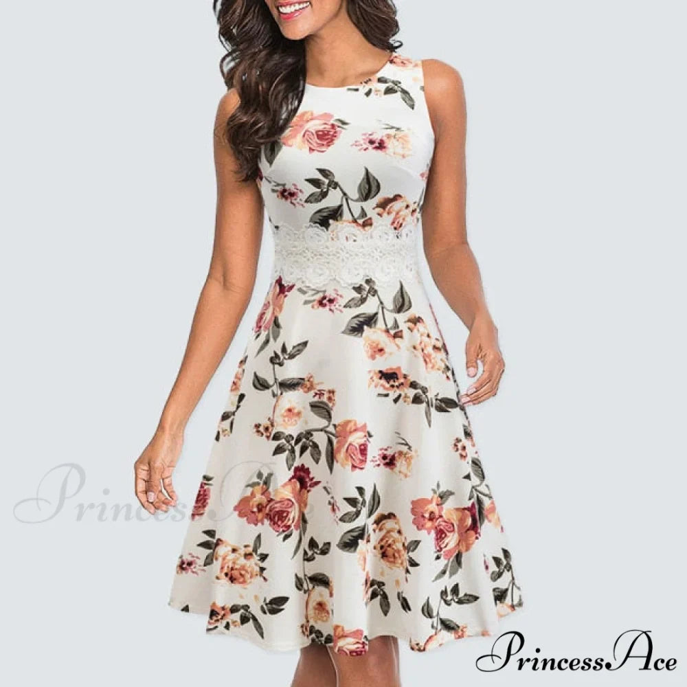 Floral Lace Patchwork Sleeveless Tunic Party Swing Dress