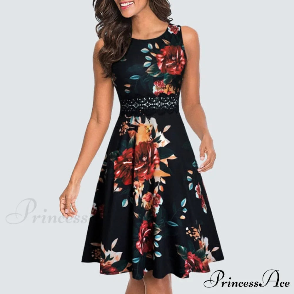 Floral Lace Patchwork Sleeveless Tunic Party Swing Dress