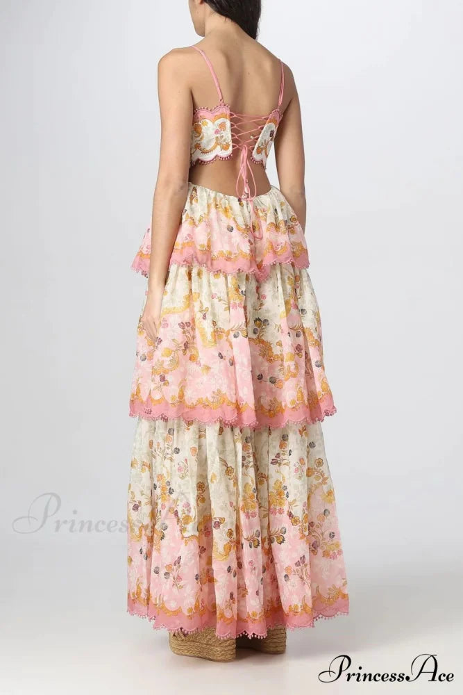 Floral Lace-Trim Midi Charming Dress In Pink