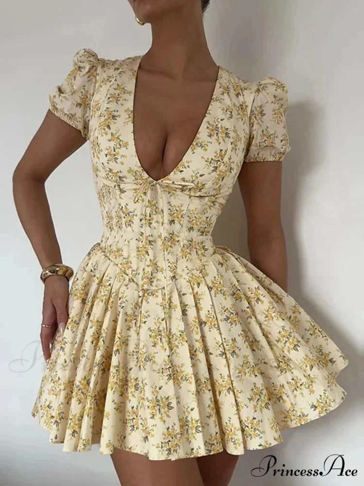 Floral Pattern Plunging Neckline Short Dress