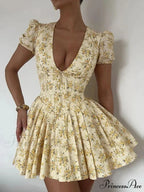 Floral Pattern Plunging Neckline Short Dress