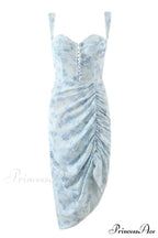 Floral Print Blue Corset Ruched Split Dress
