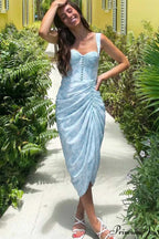 Floral Print Blue Corset Ruched Split Dress