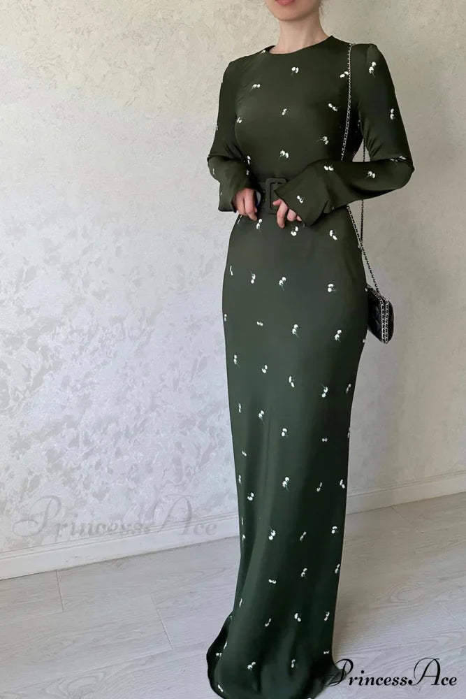 Floral Print High Waist Midi Dress with Belt