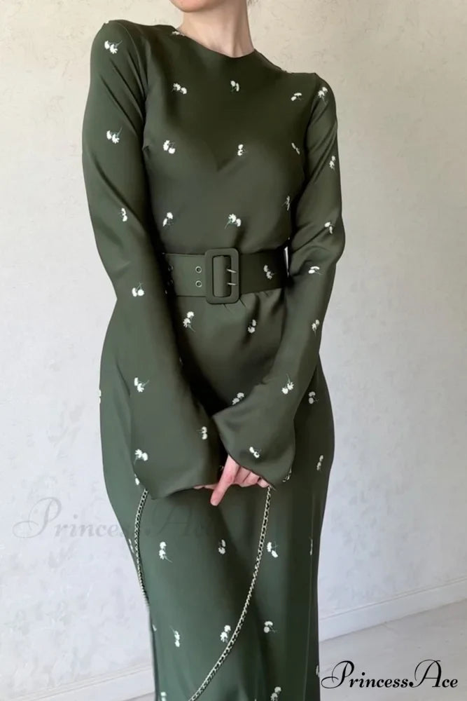 Floral Print High Waist Midi Dress with Belt