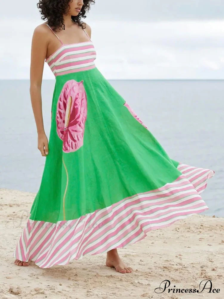 Floral Print Paneled Charming Striped Suspender Mixi Dress