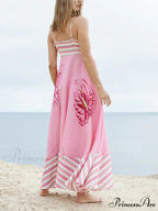 Floral Print Paneled Charming Striped Suspender Mixi Dress