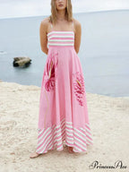 Floral Print Paneled Charming Striped Suspender Mixi Dress