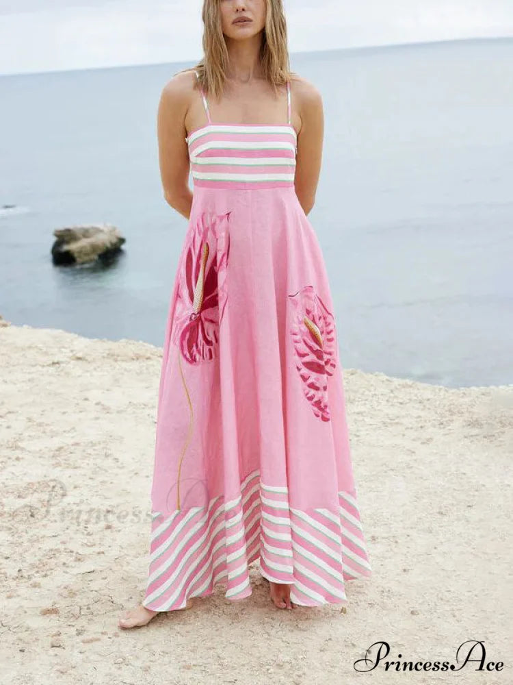 Floral Print Paneled Charming Striped Suspender Mixi Dress