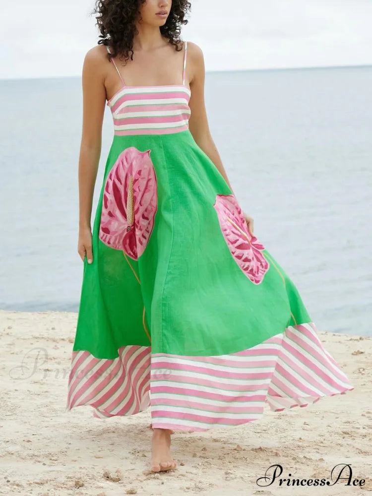 Floral Print Paneled Charming Striped Suspender Mixi Dress