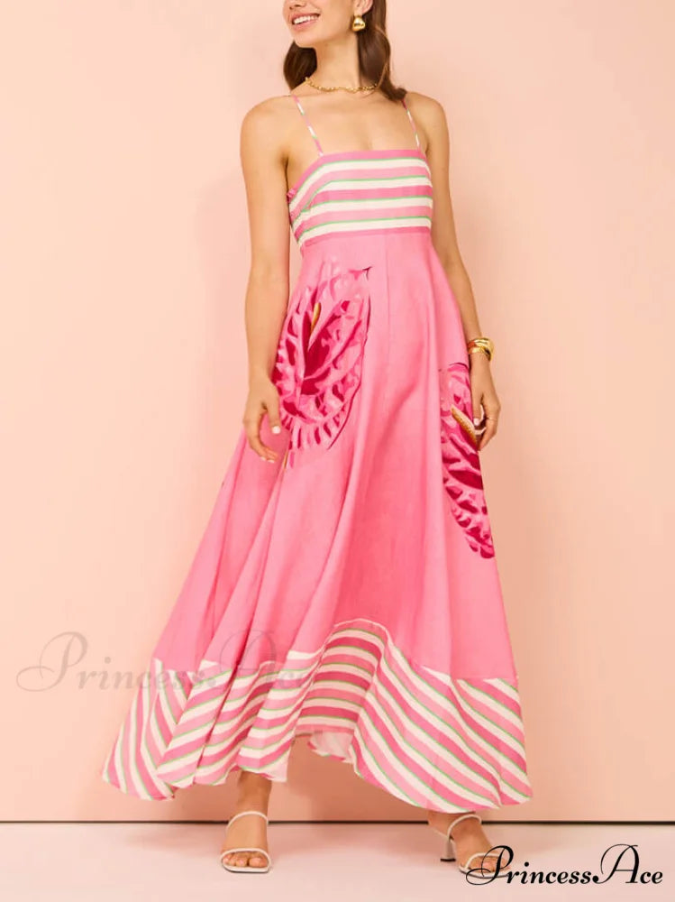 Floral Print Paneled Charming Striped Suspender Mixi Dress