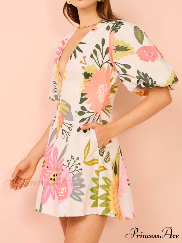 Floral Print Puff Charming Sleeve Pocketed Mini Dress