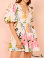 Floral Print Puff Charming Sleeve Pocketed Mini Dress