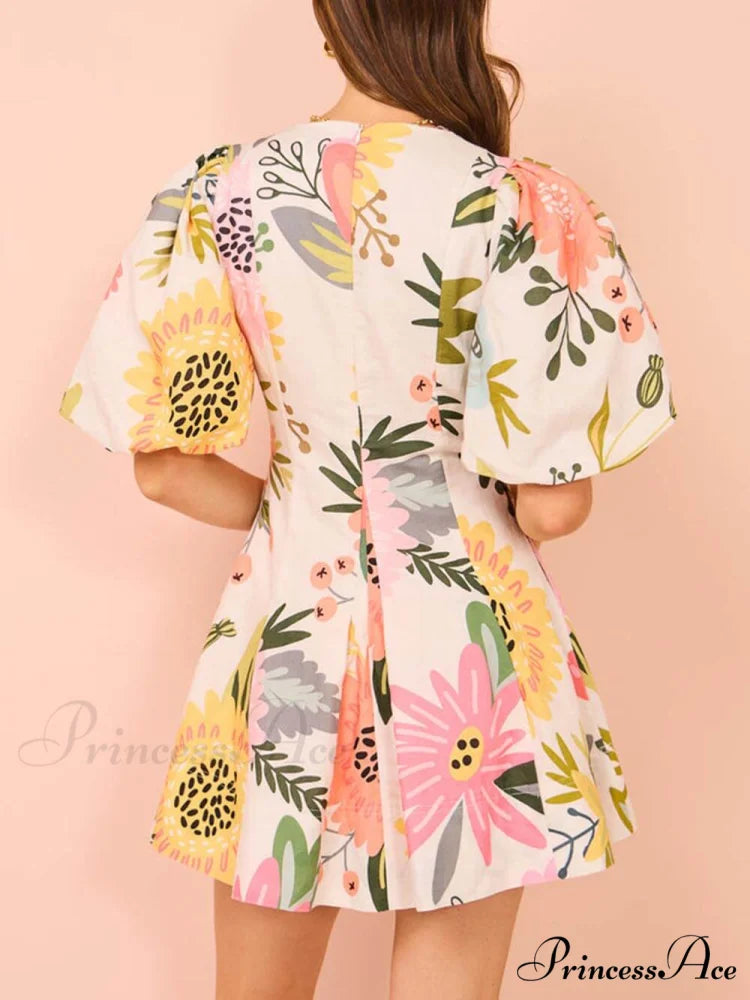 Floral Print Puff Charming Sleeve Pocketed Mini Dress
