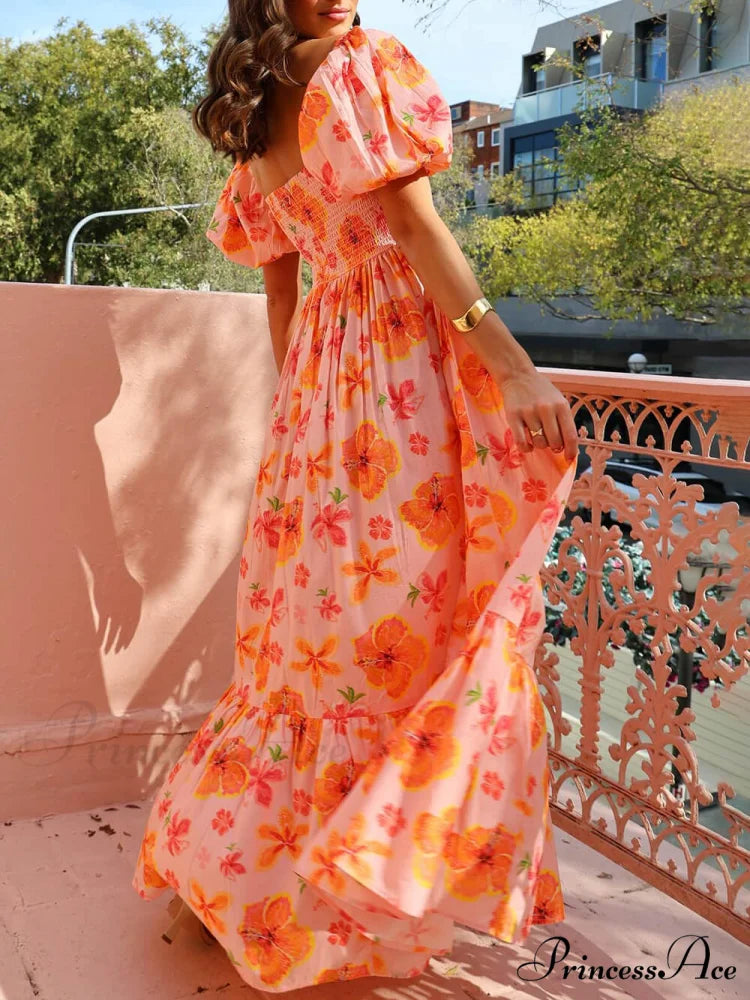 Floral Print Puff Sleeve Graceful Back Smocked Pocket Maxi Dress