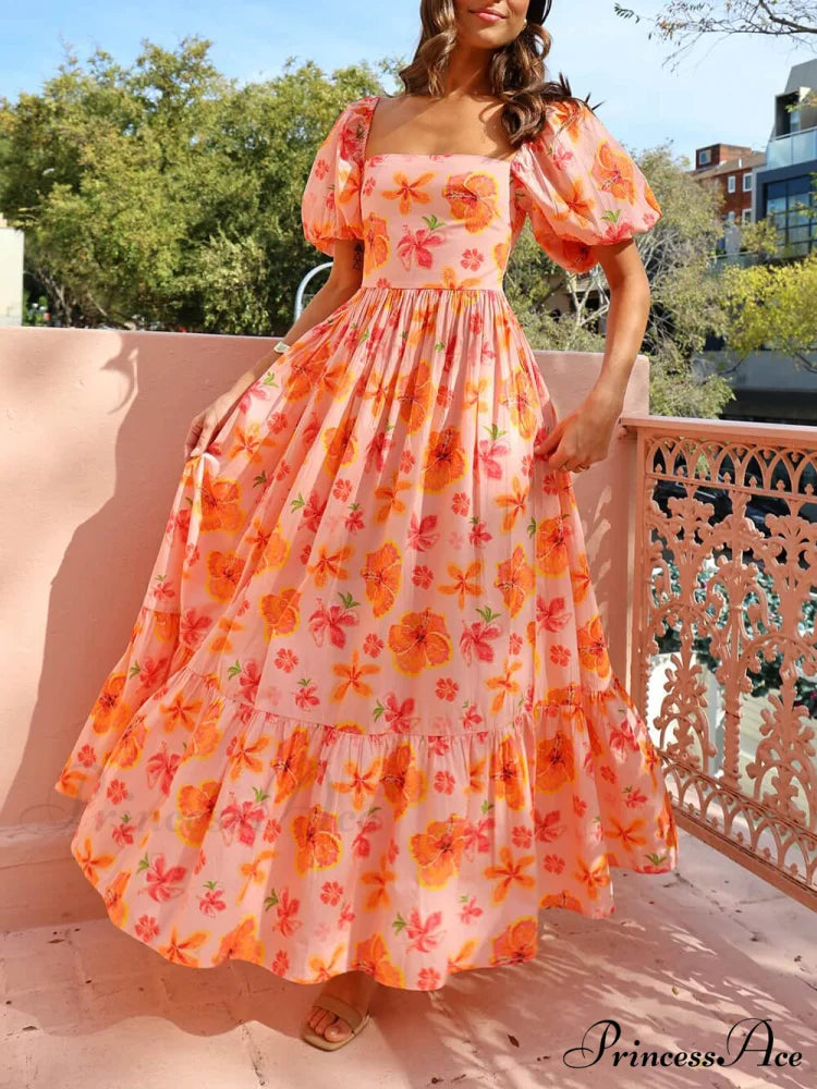 Floral Print Puff Sleeve Graceful Back Smocked Pocket Maxi Dress
