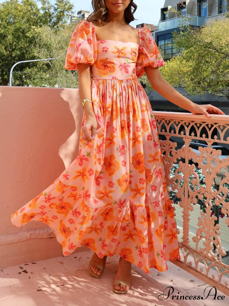 Floral Print Puff Sleeve Graceful Back Smocked Pocket Maxi Dress