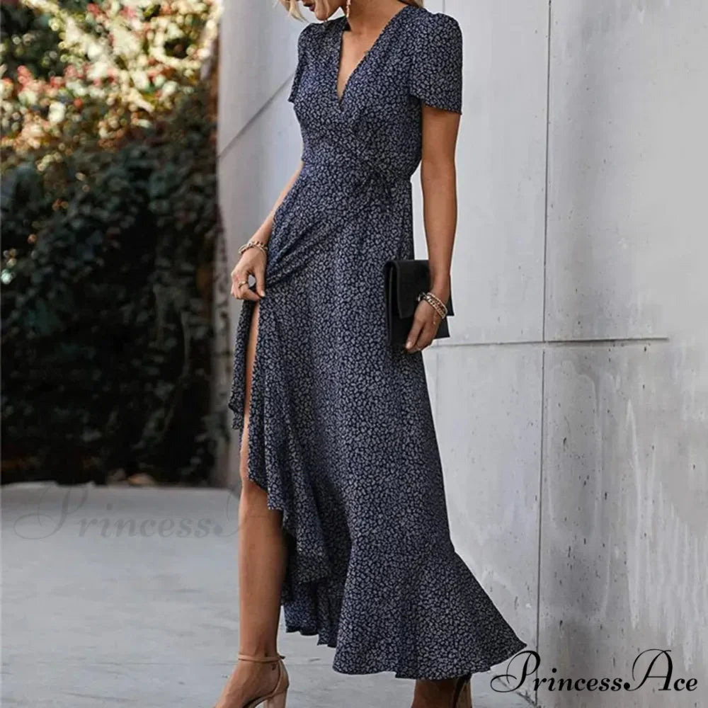Floral Print Sexy V Neck Ruffle Hem Wrap Vintage Boho Dress