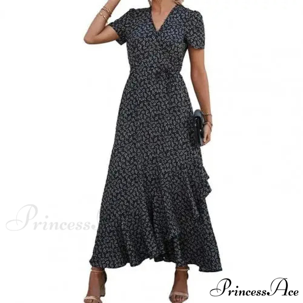 Floral Print Sexy V Neck Ruffle Hem Wrap Vintage Boho Dress